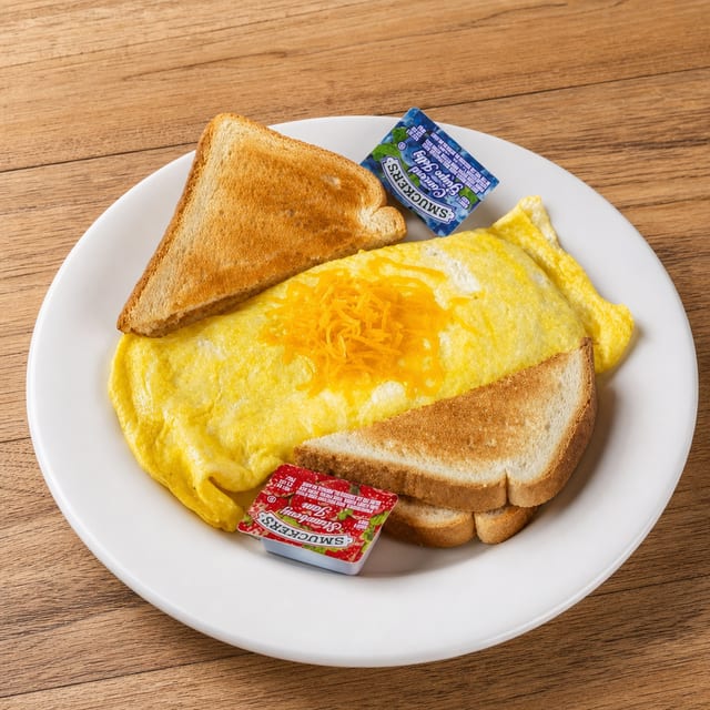 Bacon and Cheese Omelet with Toast.