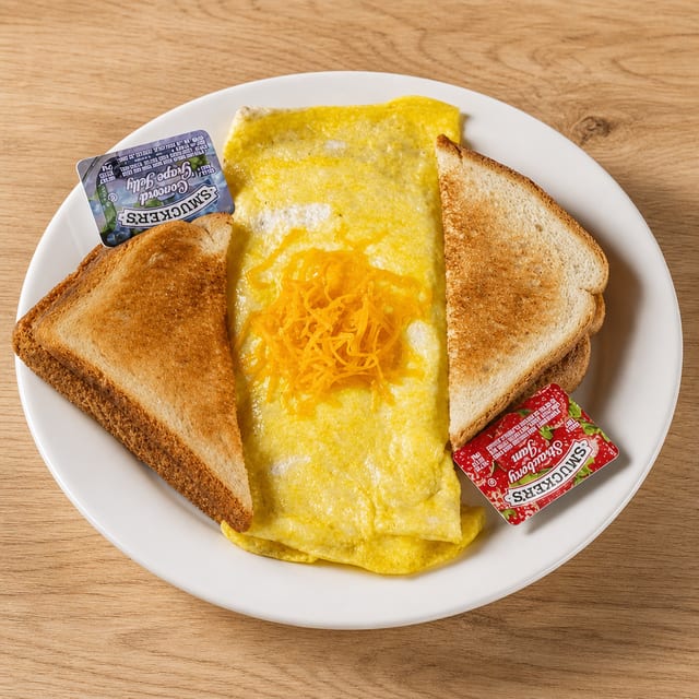 Sausage and Cheese Omelet with Toast.
