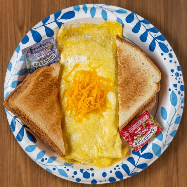 Sausage and Cheese Omelet with Toast.